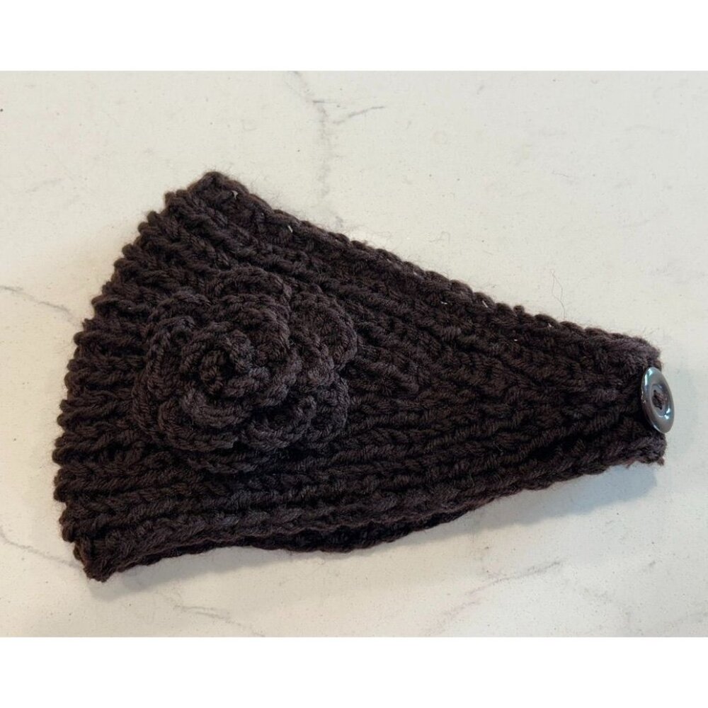 Women's Cable Knit Headband w/ Floral Embellishment in Brown